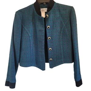 Vintage Jessica Howard Blue Green Tweed Plaid Crop Blazer Jacket